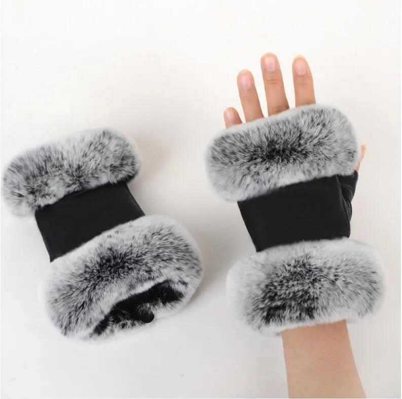 2022 Outdoor autumn and winter women's sheepskin gloves Rex rabbit fur mouth half-cut computer typing foreign trade leather c2222