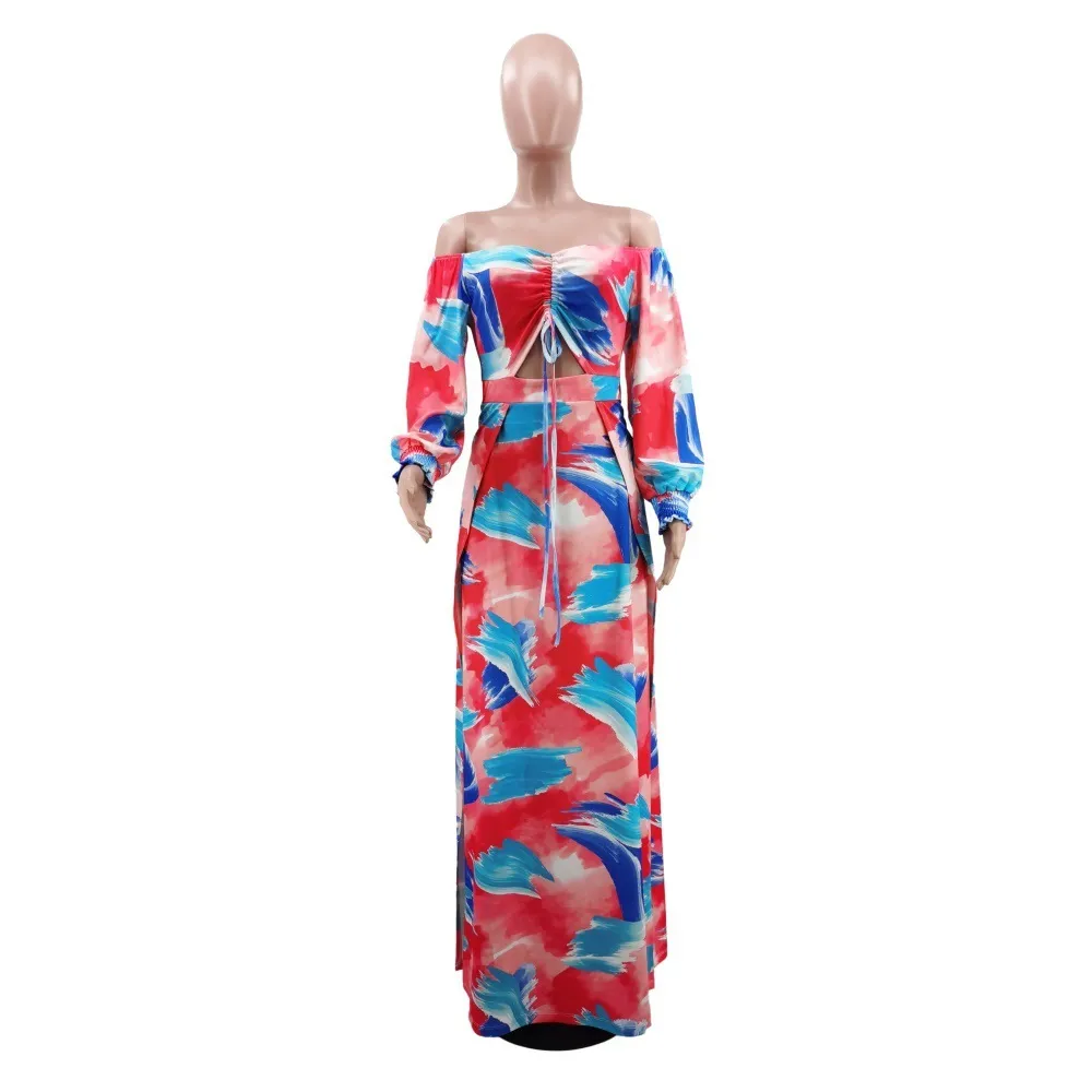 Wypoczynek Wakacje Wiosna Lato Slash Neck Z Długim Rękawem Eleganckie stroje Świąteczne Midi Sukienki Dla Kobiet Odzież 210525