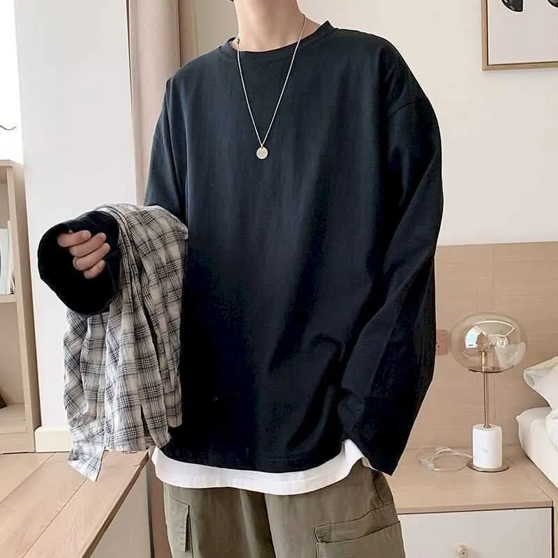 Men Shirt Long-sleeved T-shirt Male Students Spring And Autumn Trend Wild Pure Color Korean Base Shirts 210526