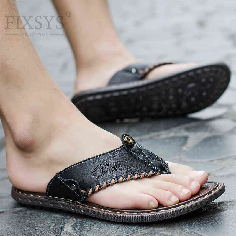 Chinelos Fixsys Verão Homens Slipperes Couro Beach Sandális Sapatos Casuais Moda Flip Flops Água Ao Ar Livre Homem Slides 220302