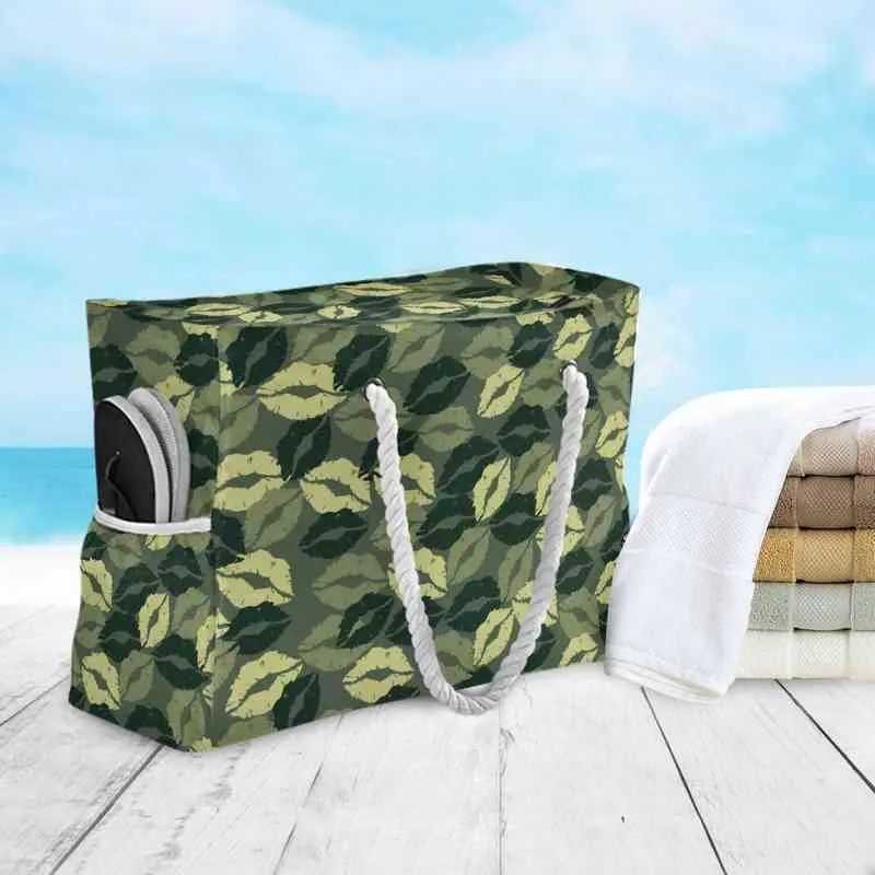 Shopping Bags Women's Beach Bags Camouflage With Kissing Lips Handbags Women Nylon Tote Shoulder Bags High-Quality Large Capacity Shopping Bag 220310