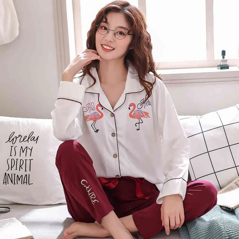 Bzel Neue Herbst Winter Nachtwäsche 2-Stück-Sets für Frauen-Baumwollpyjamas Turndown Kragen Homewear großer Größe Pijama Pajama xxxl 210330