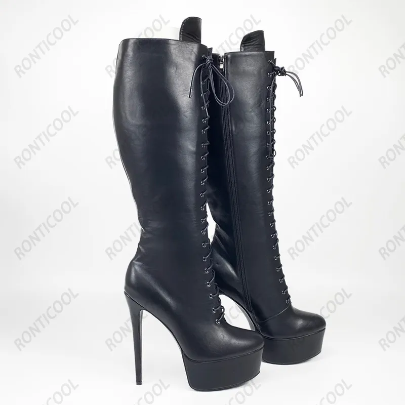 RONTIC Hoge kwaliteit vrouwen winter knie laarzen waterdichte stiletto hakken ronde teen boutique zwart grijs schoenen plus US maat 5-20