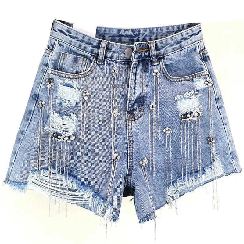 Women luxurious Tassel Fringed Hole Jeans Shorts Female High Waist Summer Fashion Designer Wide Leg Denim 210719