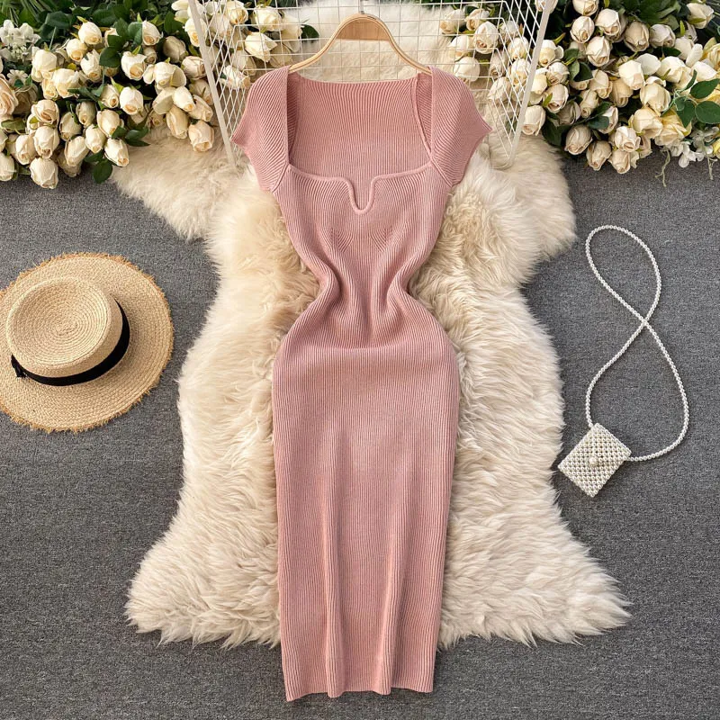 Spring Summer Women's Sexy Knitted Bodycon Dress Elegant Solid Colour Short Sleeve Vintage Femme Robe Korea Clothing 210514