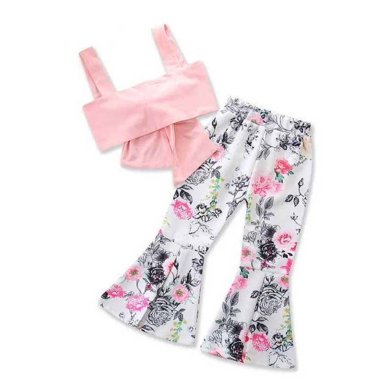 Retail Zomer Baby Meisje 2 stks Sets Leuke Tops + Uitlopende Broek Bell Bodem Bloemen Print Mode Outfits E94014 210610