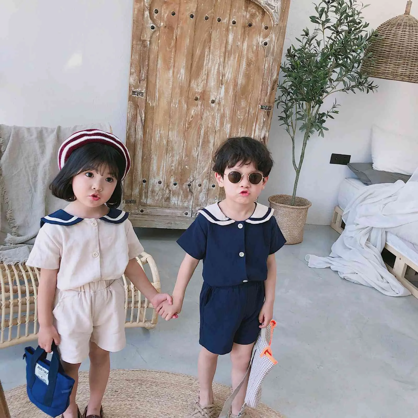 子供服和風ネイビーキッズ洋服セーラーカラーコットンリネンTシャツ+パンツ2本の夏男の子女の子セット210515