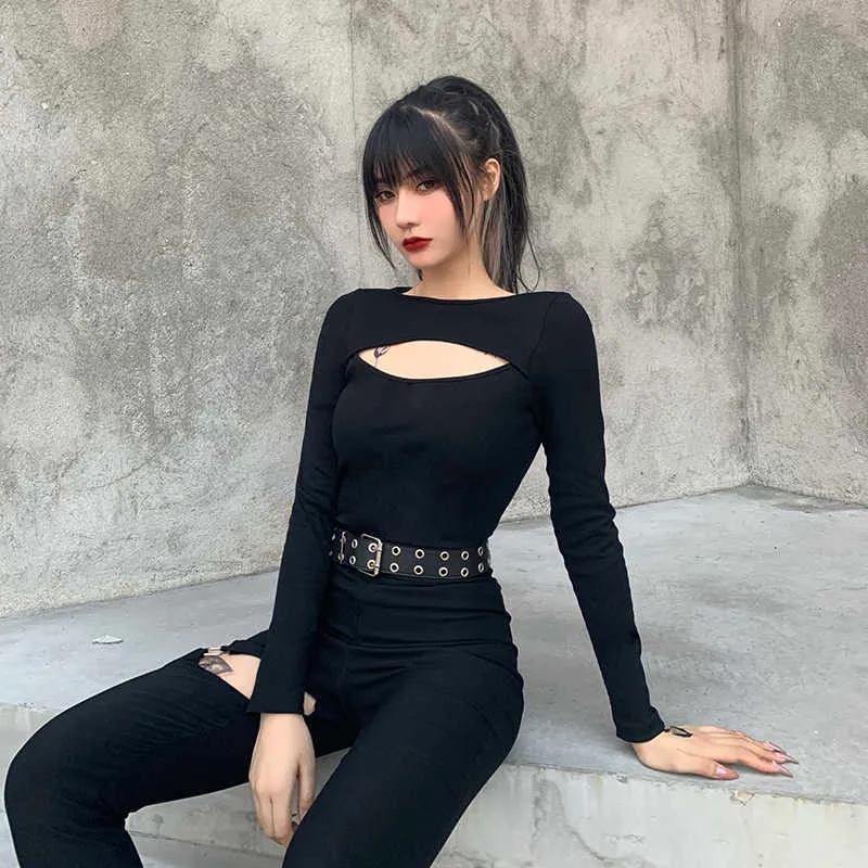 InsGoth Streetwear Long Sleeve Black Basic Tops Gothic Sexy Hollow Out Skinny Tops Punk High Street Chic Tops Women Autumn 2020 Y0621