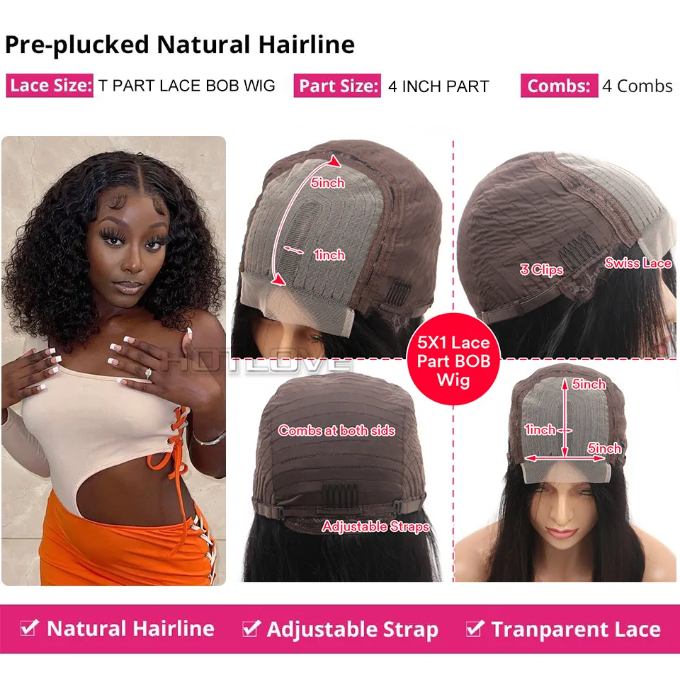 Curly Short Bob Wigs Brasiliansk mänsklig hår peruk t del spetsar front peruker vattenvåg hår för kvinnor förhandsgivna med babyhår 150%fabriksdirekt