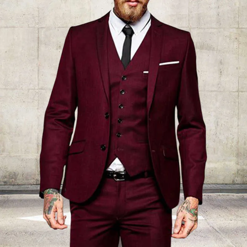 Burgundy Men Suits Slim Fit Formal Groom Prom Tuxedo Custom Male Blazer Jacket with Pant Vest Male's Fashion X0909