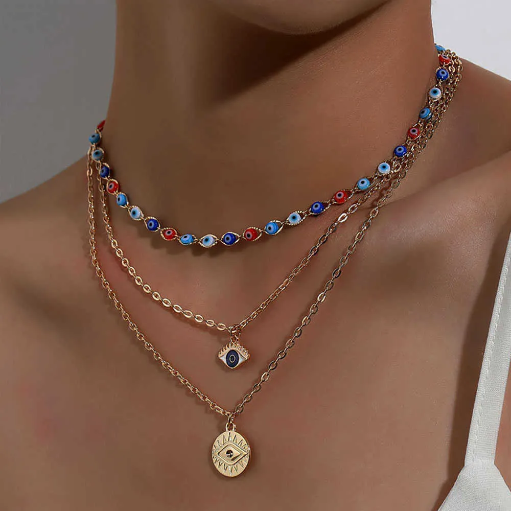 Mode Türkische Böse Augen Multilayer Halsketten für Frauen Böhmischen Vintage Teufel Anhänger Choker Perlen Partei Schmuck Neue
