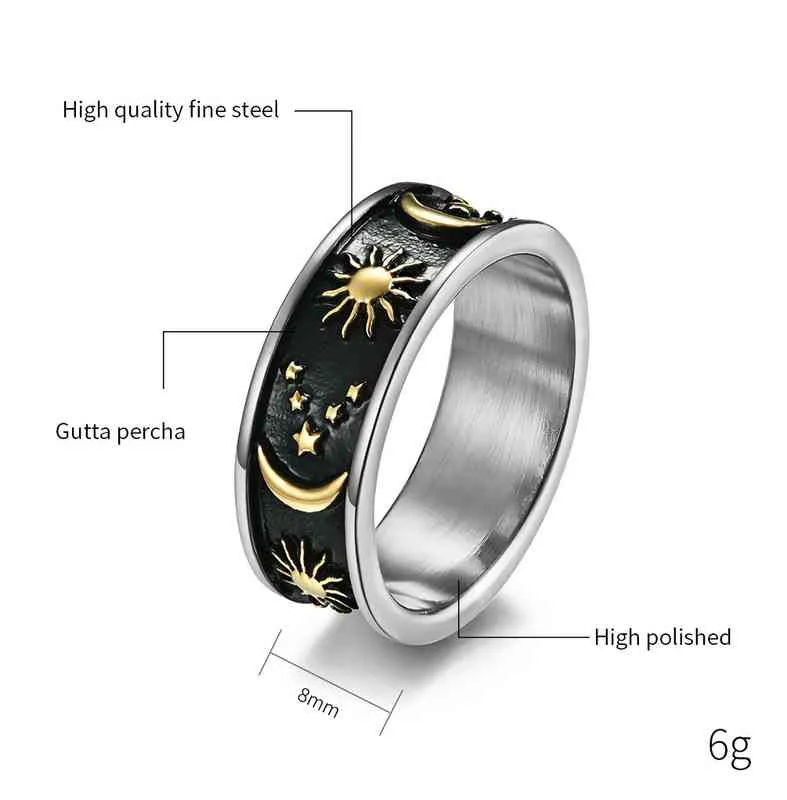 Men Rings Star Moon Sun Design Stainless Steel Rose Gold Silver Color wholesale Large US size 6 7 8 9 10 11 12 13