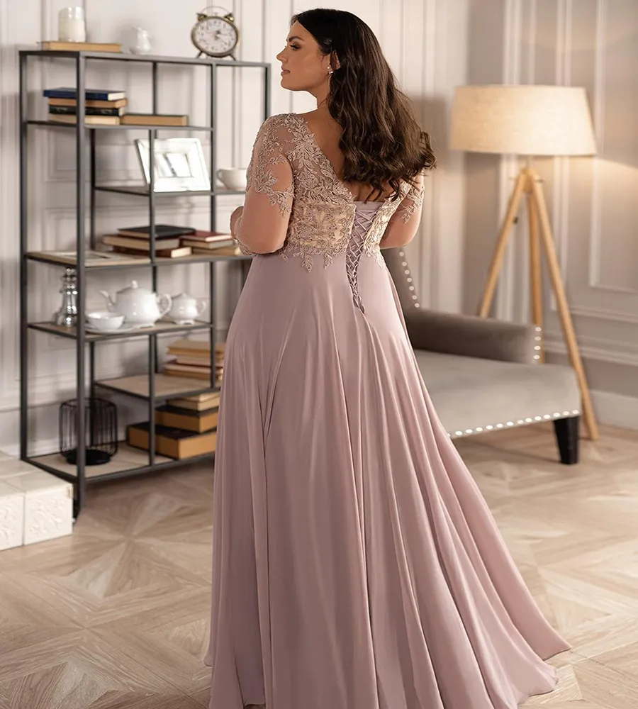 Charmante kralen kant plus size prom -jurken pure Bateau nek een lijn lange mouwen avondjurken vloer lengte chiffon formele jurk 2402