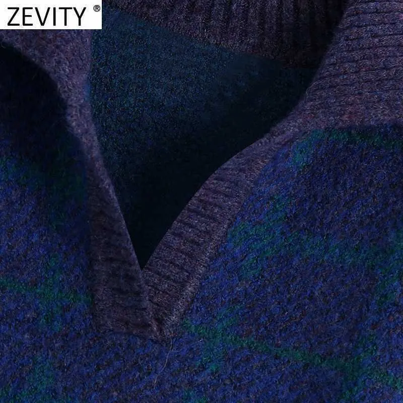 Zevity Femmes Mode Turn Down Col Patchwork Plaid Casual Pull À Tricoter Lâche Femme Chic À Manches Longues Pulls Tops S574 210603