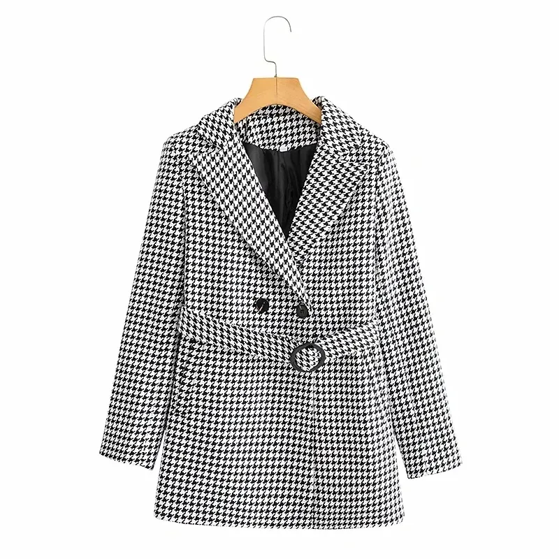Foridol Pied de poule scozzese Vintage Blazer Coat Donna Inverno Cintura spessa Office Ladies Cappotto lavorato a maglia Top invernale 210415