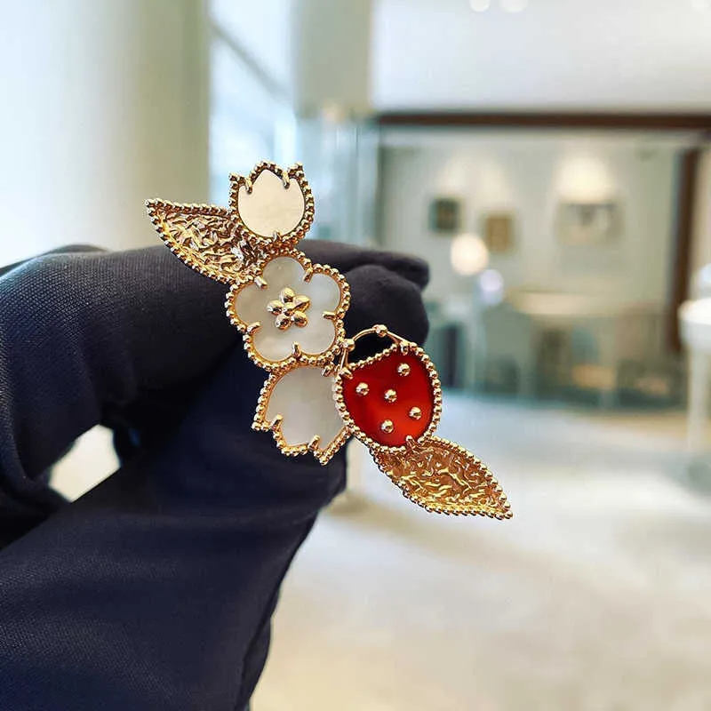 Topkwaliteit luxe merk puur 925 zilveren sieraden mooi lieveheersbeestje geluk lente ontwerp kersenblad parelmoer edelsteen brooch206t