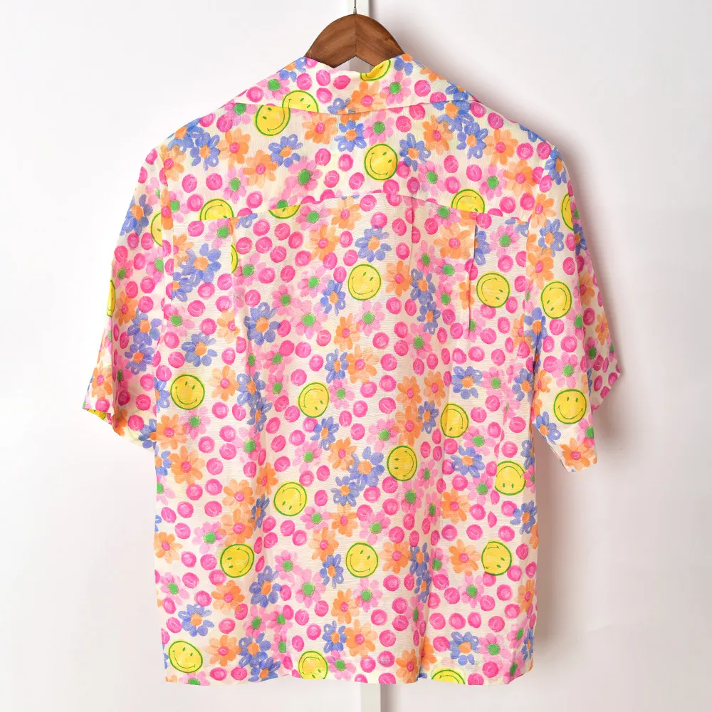 2021 весна с коротким рукавом V-образным вырезом розовые цветочные кнопки печати однобортная блузка женская модная рубашка 21G12