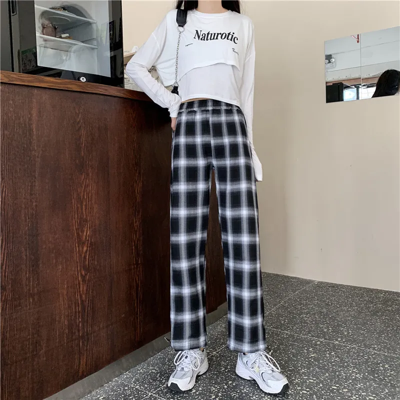 Frauen Plaid Gedruckt Harem Hosen Frühling Herbst Mode Weibliche Hohe Taille Lose Hose Gerade Hosen Streetwear Jogginghose 210423