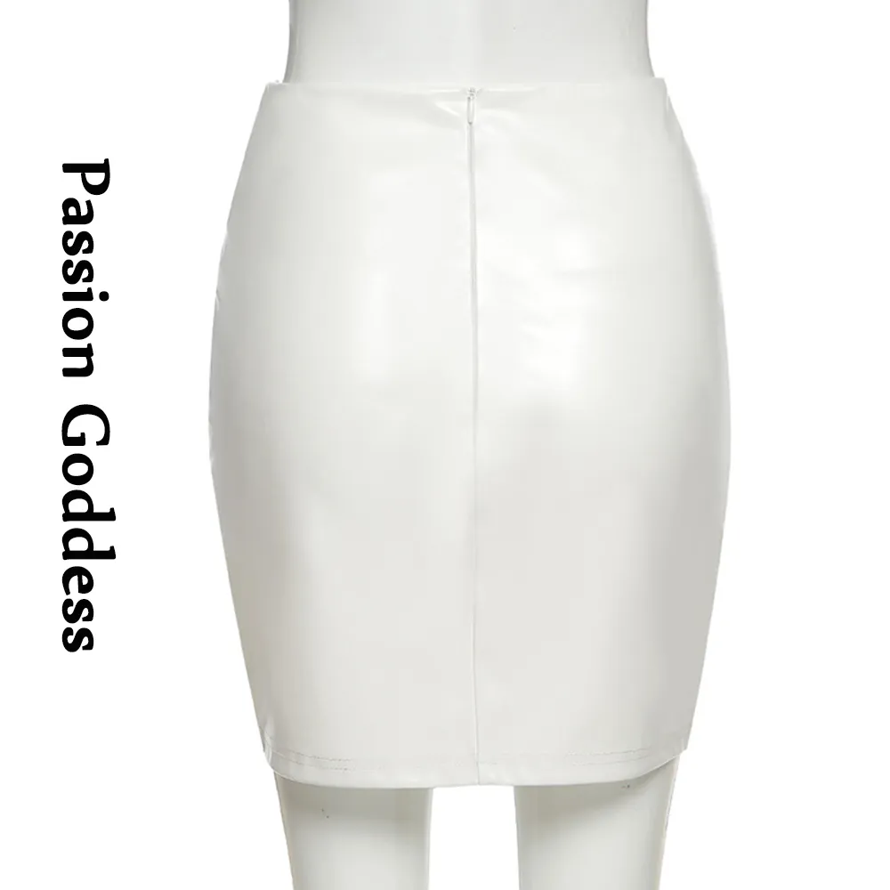 Mulheres Sexy White Pu Couro Bordado Saias Bonita Lace Up Cintura Alta Bodycon Mini Saias Festa Lápis Lápis Saias de Couro Escritório X0428