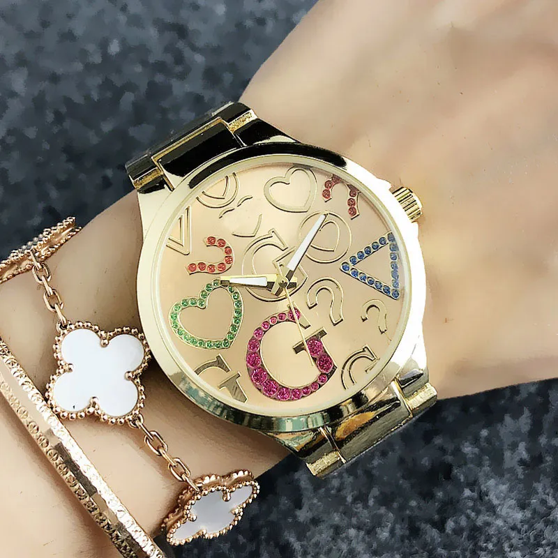 Brand Watch Women Girl Colorful Crystal Big Letters Style Metal Steel Band Quartz Wrist Watches GS 71553058