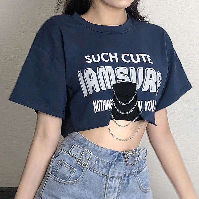 Yedinas estilo europeo sexy letra impresión crop top mujeres ahueca hacia fuera con diseño de cadena camiseta punk hip hop streetwear oversize 210527