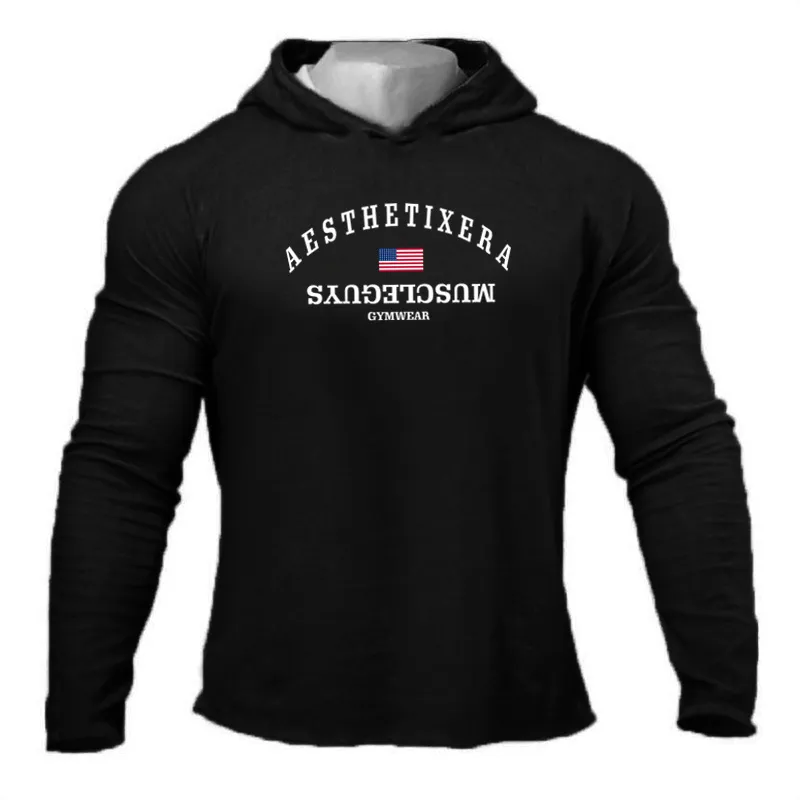 Muscleguys Autumn New Long Sleeve T-shirt Men Gym Clothing Sportswear Hoodies Cotton Bodybuilding and Fitness Tshirt Plus Size 210421