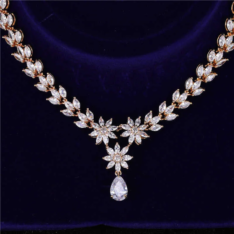 HUAMI Ins bijoux fins Top qualité femmes goutte d'eau boucles d'oreilles et pendentif ensembles fleur grand Chian collier en or