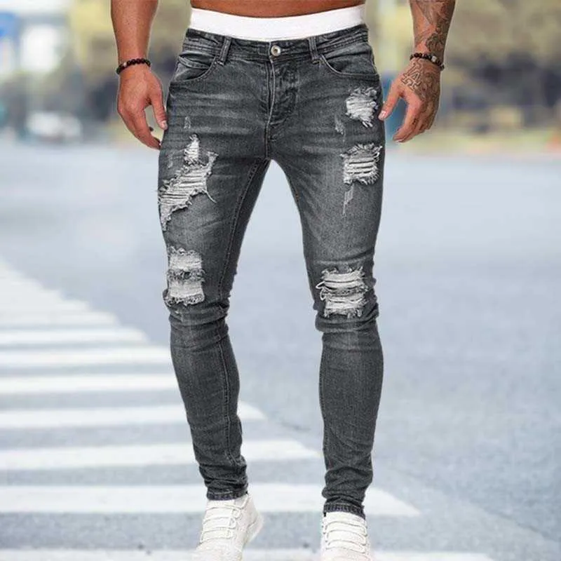Czarne chude dżinsy mężczyźni rozryte dżinsy mężczyzna 2021 Nowy przypadkowy dziura letnia ulica Hip Hop Slim Denim Pants Man Fashion Jogger Spodery x270l
