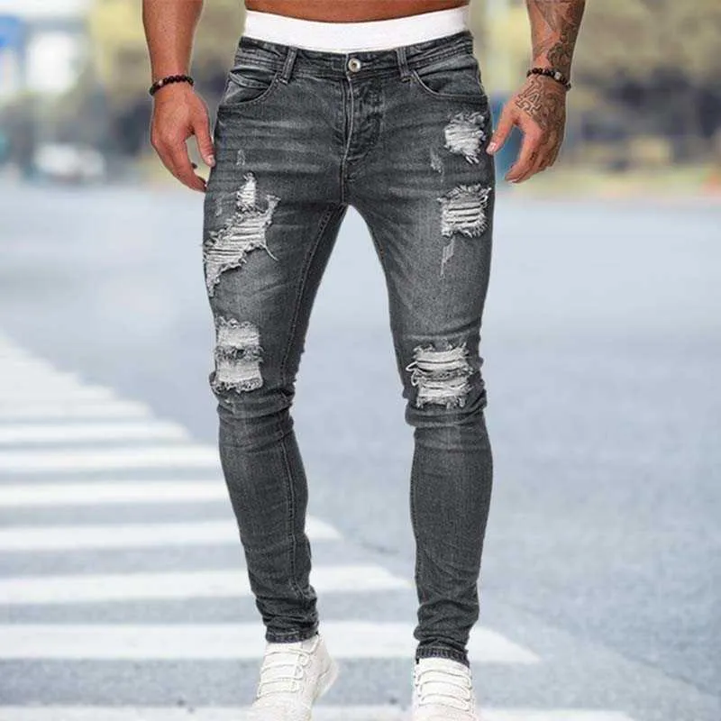 Noir Skinny Jeans Hommes Déchiré Jeans Mâle 2021 NOUVEAU Casual Trou D'été Rue Hip Hop Mince Denim Pantalon Homme Mode Jogger Pantalon X0621