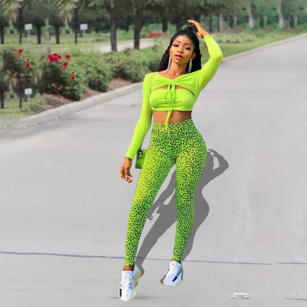 Donne di stile punk autunno skinny neon verde manica lunga crop top + pantaloni leopardati abiti a due pezzi tuta casual set femminili 210517