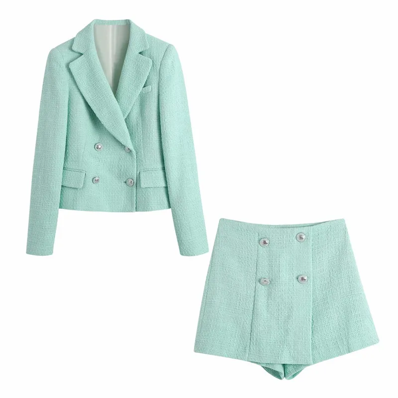 Elegante Frau Mint Green Tweed Blazer Mantel Frühling Mode Damen Taste Jacke Weibliche Streetwear Outwear 210515