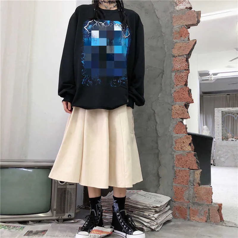 Gothique Noir Haute Taille Élastique Harajuku Longue Jupe Coréenne Casual Femmes Grande Poche Cargo Midi Jupe Vintage Hip Hop Streetwear 210619