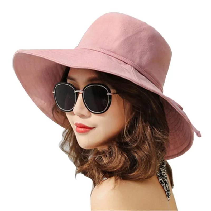 Summer Women UV-Protection Sun Hats Fashion Ladies Wide Brim Caps Foldbar Cotton Bowknot Outdoor Beach MUTS279Q