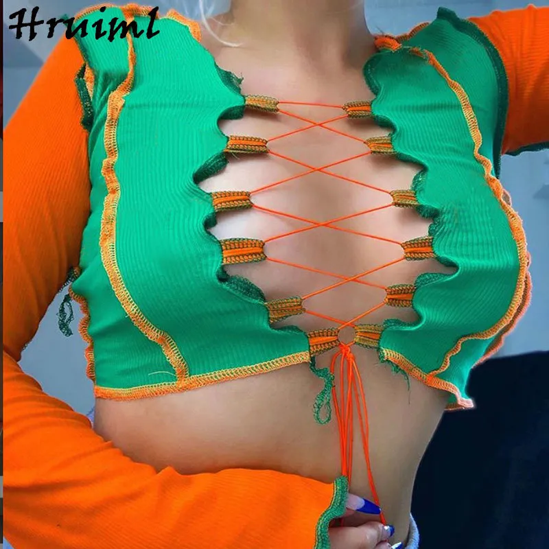 T Shirt Crop Top Manica lunga femminile OrangeGreen Patchwork Scava fuori Ladies Sexy Bandage Moda Abbigliamento donna Streetwear 210513