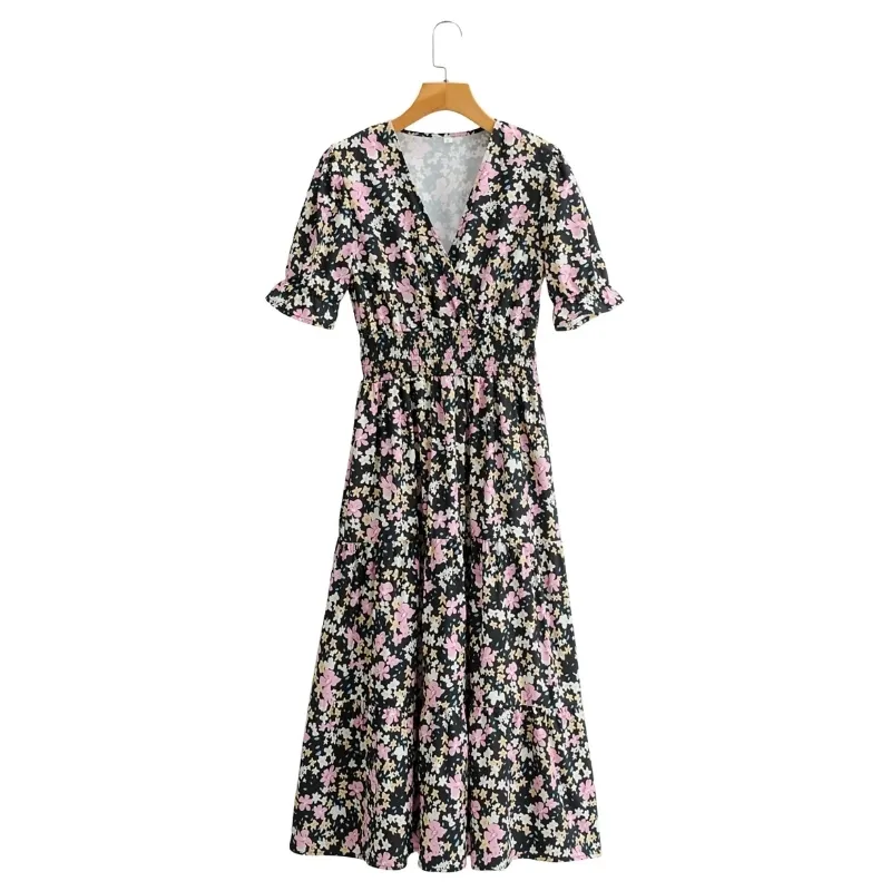 Mode Frauen Blumendruck V-ausschnitt Taille Elastische Midi Kleid Weibliche Kurzarm Kleidung Casual Dame Lose Vestido D7181 210430
