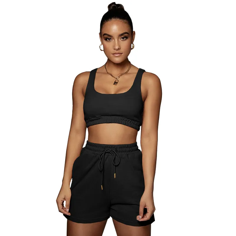 Casual Home Wear Track Suit Two Piece Sets For Womens Outfits Sleeveless Crop Top Tunic Biker Shorts Summer Product 210525