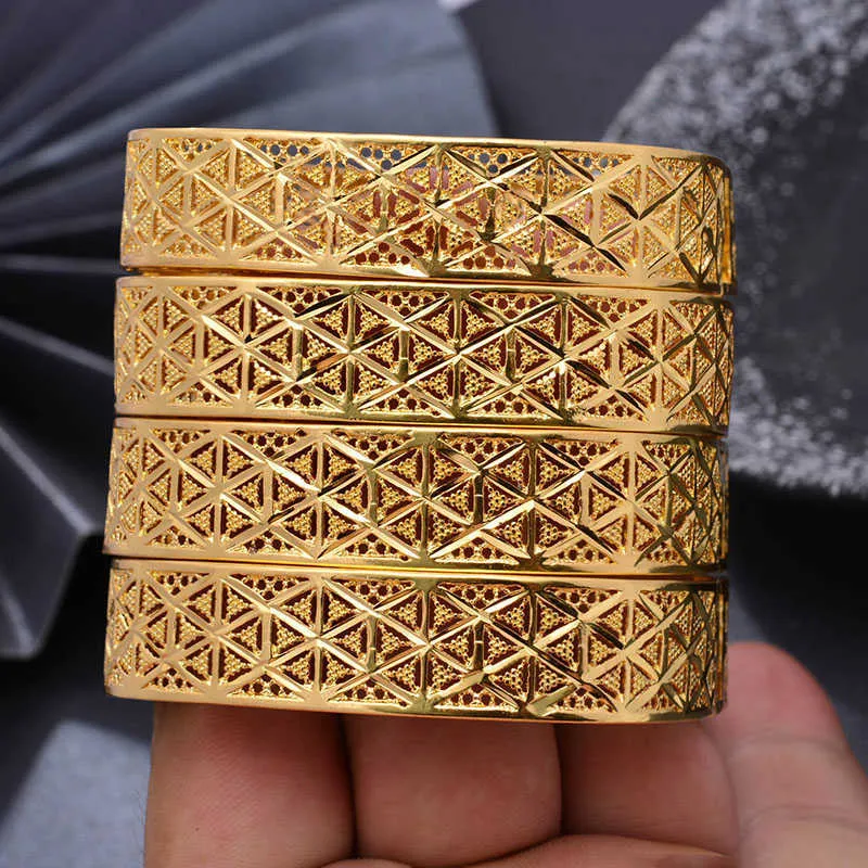 Dubai Cold Color Bangles for Women Middle Eastern Arab/dubai Gold Color Patterned Copper Bracelets Girls Jewelry Can Open Q0717