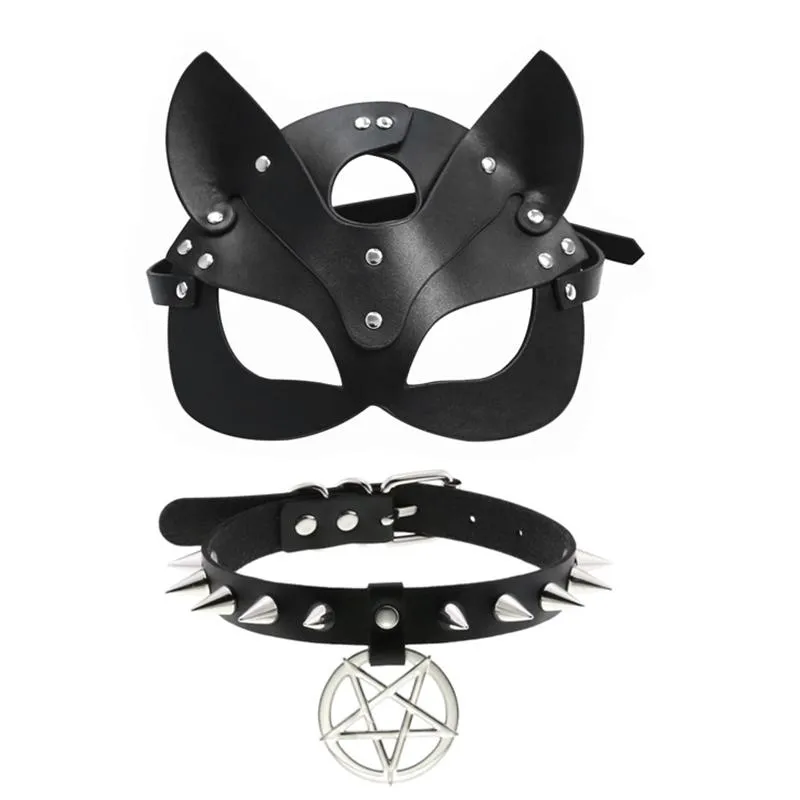 Andere Event Party Supplies Schwarze Leder Augenmaske SM Fetisch Kragen Frauen Halloween Cosplay Sex Augenbinde Spielzeug für Männer Erotik Acc315R