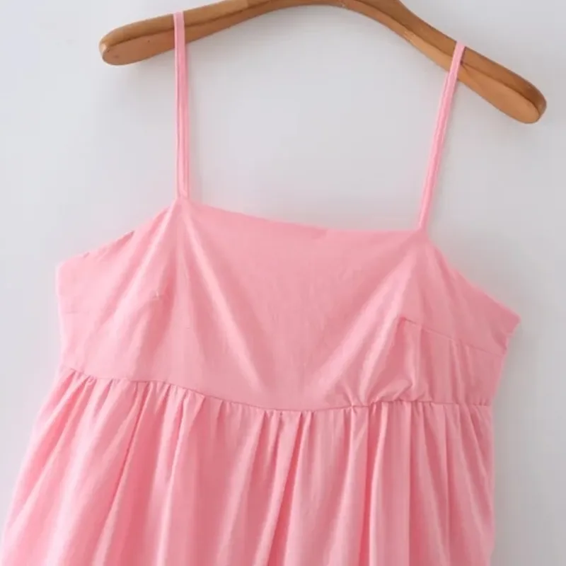Summer Women Tiered Ruffle Pink Bretella Midi Dress Donna Abiti senza maniche Casual Lady Loose Vestido D7770 210430