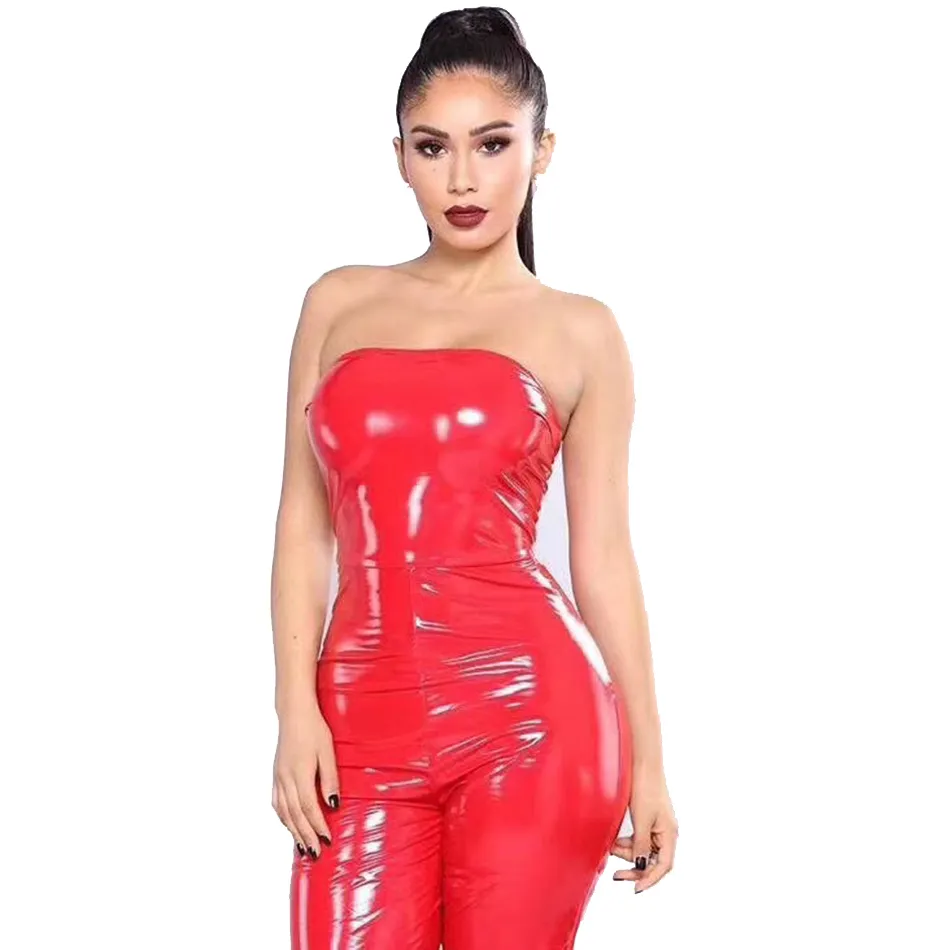 Kostenloser Damen Reflective Leder -Overall sexy Tube -Top ärmellose Rückenless Elegant Bodycon Club Party 210524