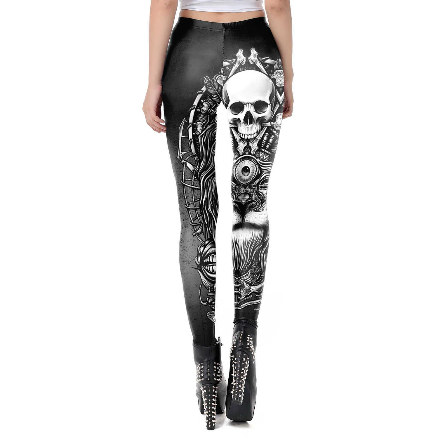 [Sei il mio segreto] Leggings di vendita di marca Gothic Skull Punk Women Legging Retro Mid Waist PUSH UP Leggins Allenamento Pantaloni alla caviglia 210925