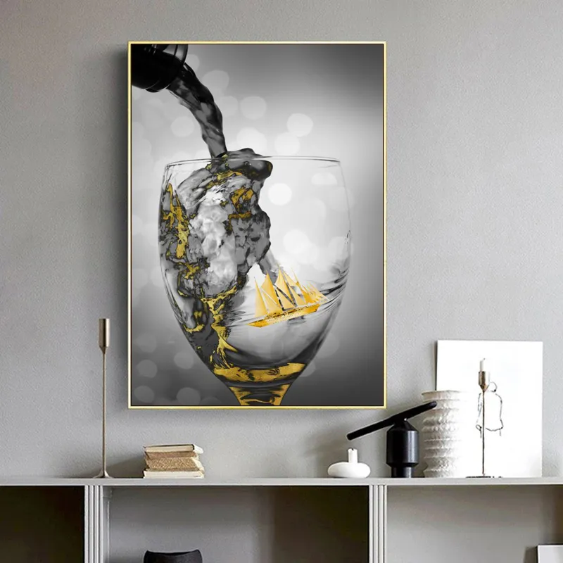 Bicchiere da vino Poster Golden Canvas Painting Abstract Boat Cuadros Wall Art Pictures For Living Room Modern Home Decor No Frame