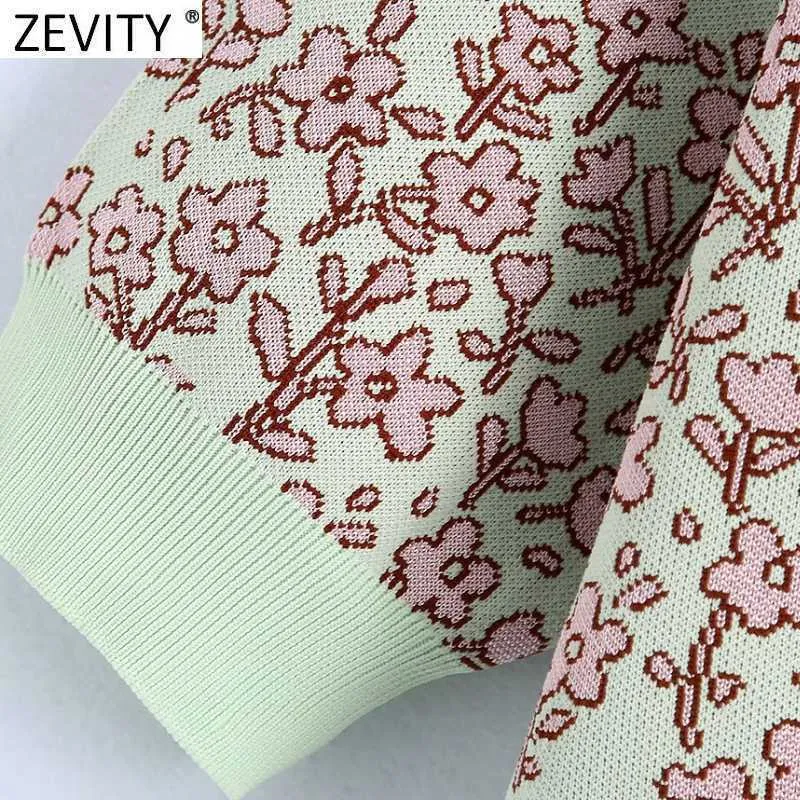 Zevity Donna Vintage Stampa floreale Jacquard Maglione lavorato a maglia Colletto bavero femminile Pullover manica corta Chic Top di marca SW808 210603