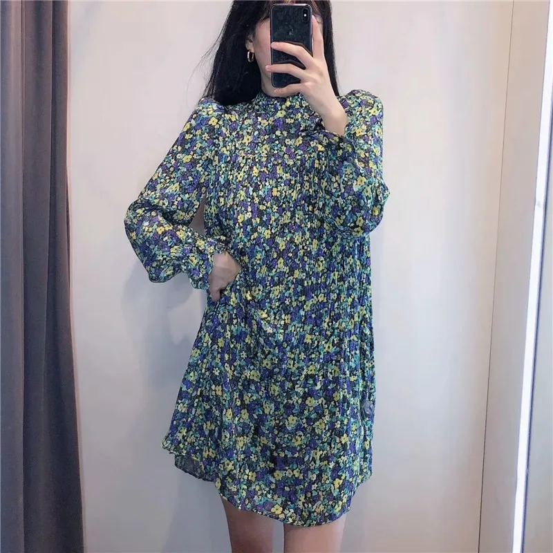 Elbise Yeşil Çiçek Baskı Kısa ES Kadınlar Rahat Cottagecore Yüksek Boyun Dantelli Uzun Kollu Mini Kadın 210519