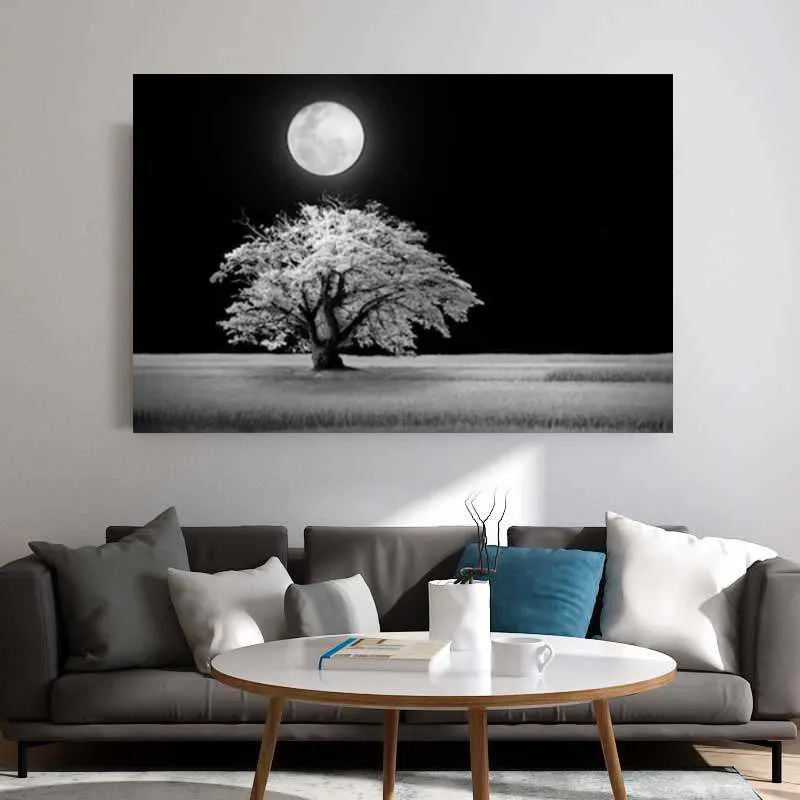 Toile de paysage de nuit d'arbre noir et blanc, imprimés et affiches de peinture, images murales pour décoration de salon et de maison