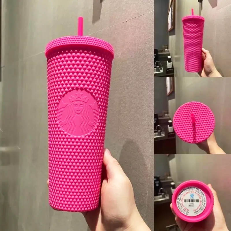 2023 Double CARBIE Pink Durian Laser Straw Cup Tumblers Mermaid Plastic Cold Water Coffee Cups Gift Mug H1005227h