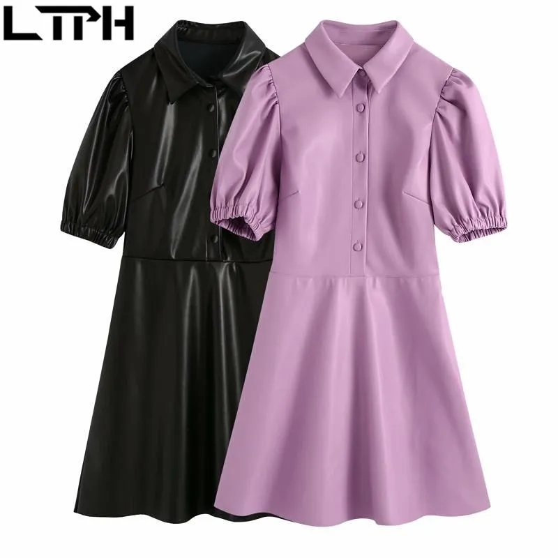 Vintage manches bouffantes en cuir synthétique femmes robe revers simple boutonnage taille haute solide PU robes courtes automne 210427