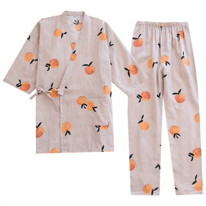 Women Summer Thin Kimono Pajamas 100% Cotton Gauze Loungewear V-Neck Three Quarter Sleepwear Two Piece Pijamas Set Home Clothes 210809