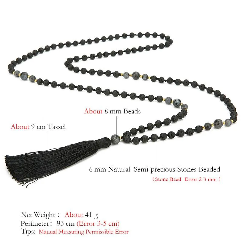 Mala Beads 6mm Pietra vulcanica Annodata Meditazione Gioielli semipreziosi Uomini e donne Collana con ciondolo pendente con nappa nera N288h