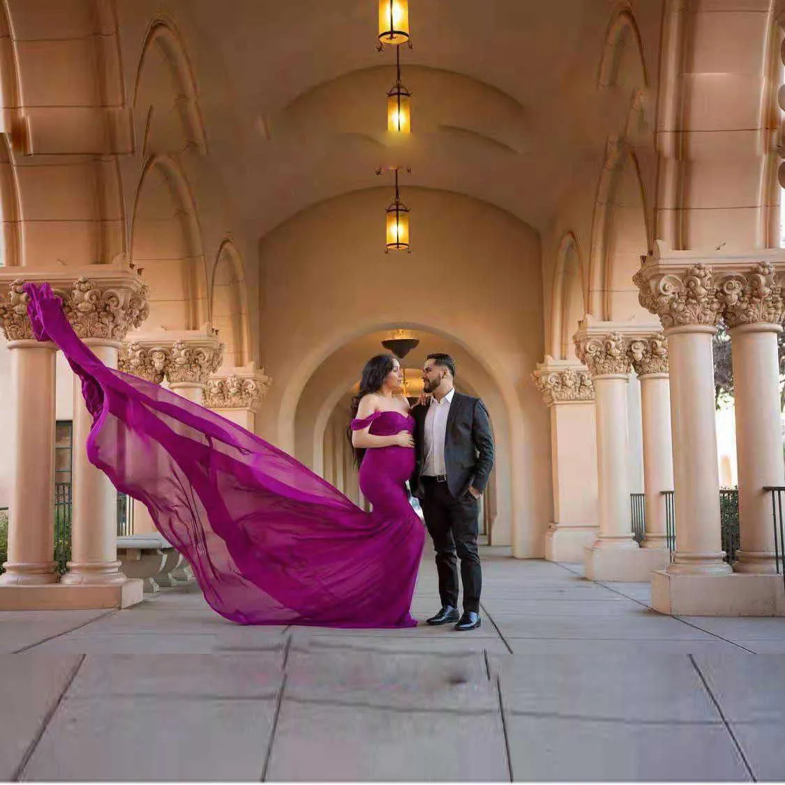 Abito fotografico in cotone mercerizzato da donna con coda incinta in chiffon e maniche fluttuanti lunghe